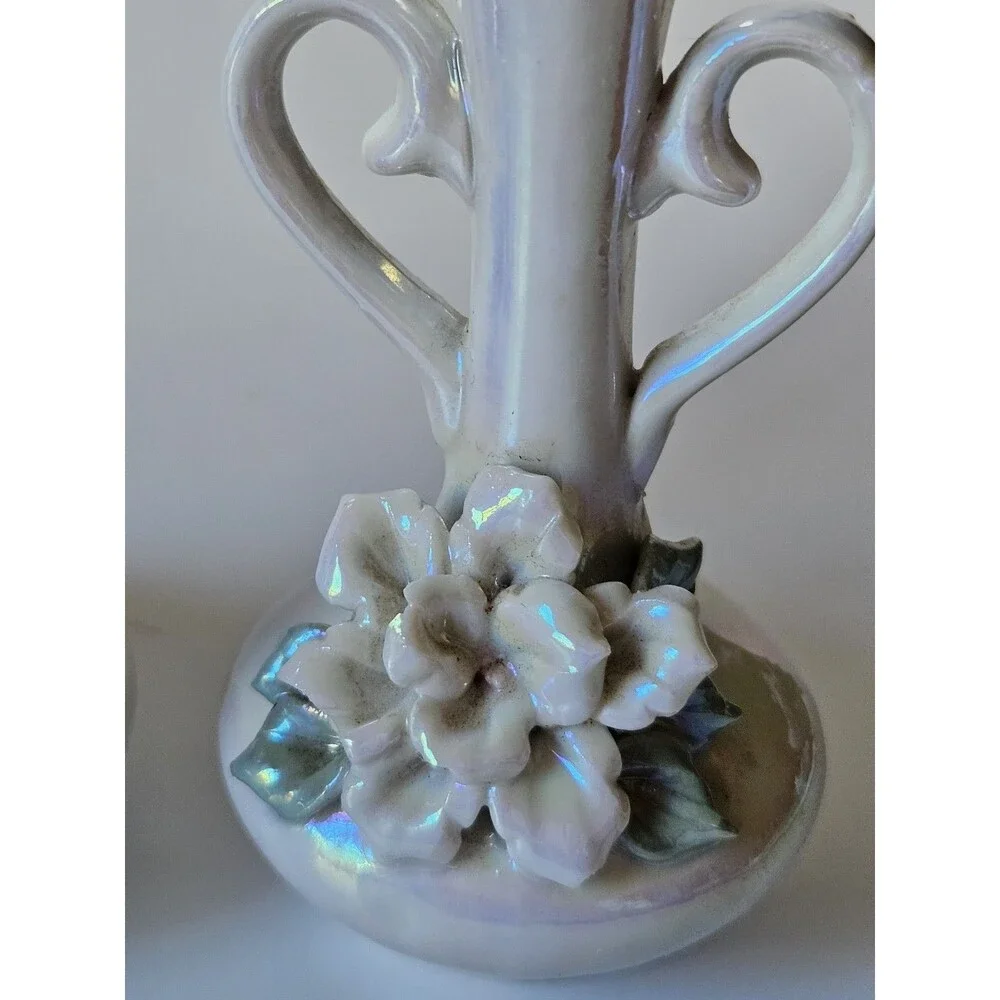 Vintage Iridescent Lusterware Bud Vase Heart Handle Shape Wedding Princess Core